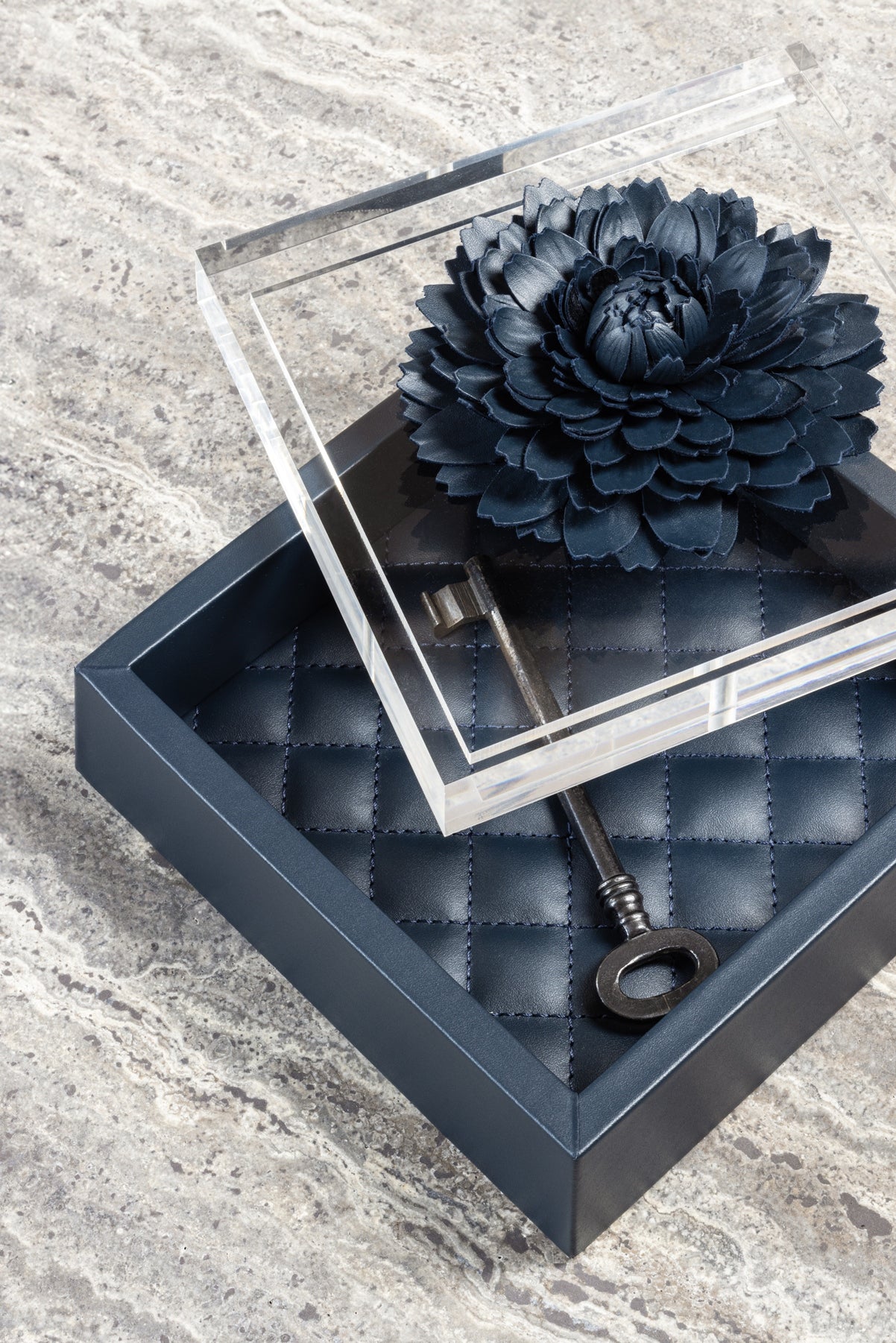 Riviere Fleur Dahlia Box | Square leather box with an acrylic lid and leather dahlia flower | Quilted diamonds padded lining | Luxurious and elegant design | Home Decor and Accessories | 2Jour Concierge, your luxury lifestyle shop