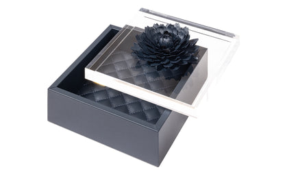 Fleur Dahlia Trinket Box: Leather, Acrylic Lid, Quilted Diamonds Lining, Square