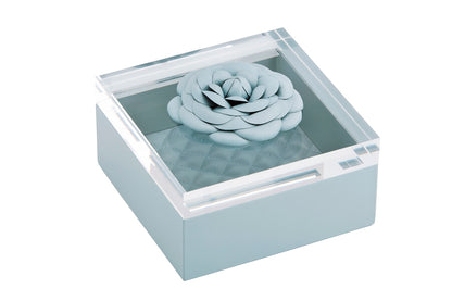 Fleur Camellia Trinket Box: Leather, Acrylic Lid, Quilted Diamonds Padded Lining, Square