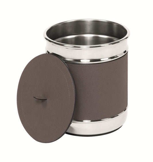 Giobagnara Raf Wastepaper & Bathroom Bin | Partially leather-covered stainless steel structure with polished finish outside | Satin finish inside | Rubber base underneath grants insulation | Explore Luxury Lifestyle Accessories at 2Jour Concierge, #1 luxury high-end gift & lifestyle shop