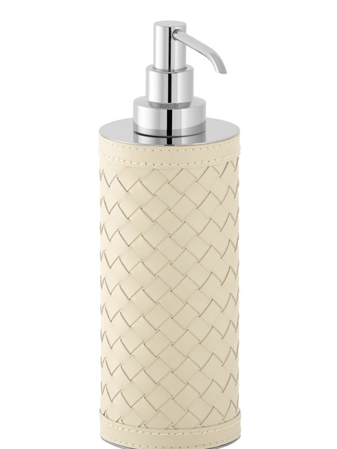 Riviere Alghero Handwoven Leather Tall Soap Dispenser | Covered with Handwoven Leather | Features Chrome or Gold Metal Finish | Elevate Your Bathroom Decor with Luxury Accessories from 2Jour Concierge, #1 luxury high-end gift & lifestyle shop
