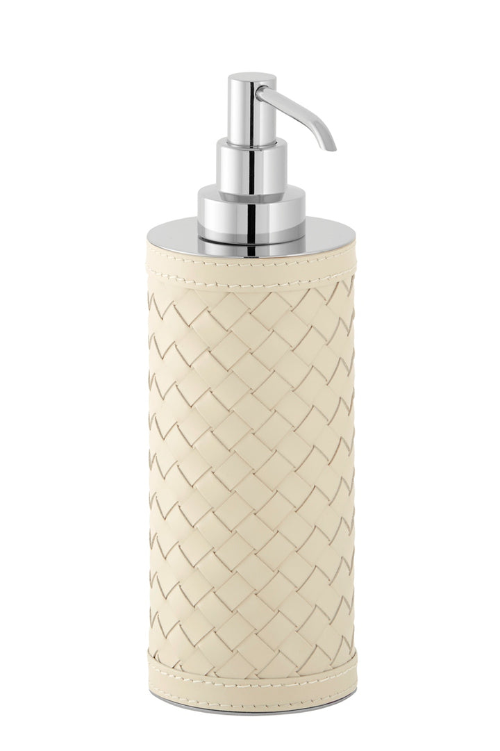 Riviere Alghero Handwoven Leather Tall Soap Dispenser | Covered with Handwoven Leather | Features Chrome or Gold Metal Finish | Elevate Your Bathroom Decor with Luxury Accessories from 2Jour Concierge, #1 luxury high-end gift & lifestyle shop