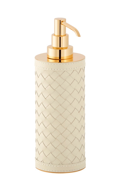 Riviere Alghero Handwoven Leather Tall Soap Dispenser | Covered with Handwoven Leather | Features Chrome or Gold Metal Finish | Elevate Your Bathroom Decor with Luxury Accessories from 2Jour Concierge, #1 luxury high-end gift & lifestyle shop