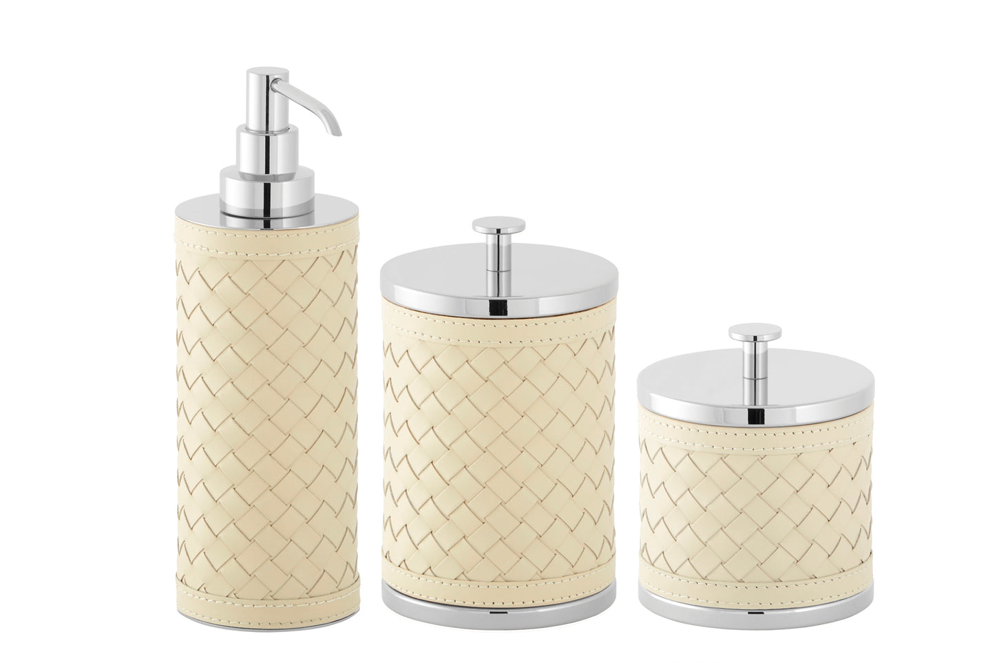 Riviere Alghero Handwoven Leather Tall Soap Dispenser | Covered with Handwoven Leather | Features Chrome or Gold Metal Finish | Elevate Your Bathroom Decor with Luxury Accessories from 2Jour Concierge, #1 luxury high-end gift & lifestyle shop