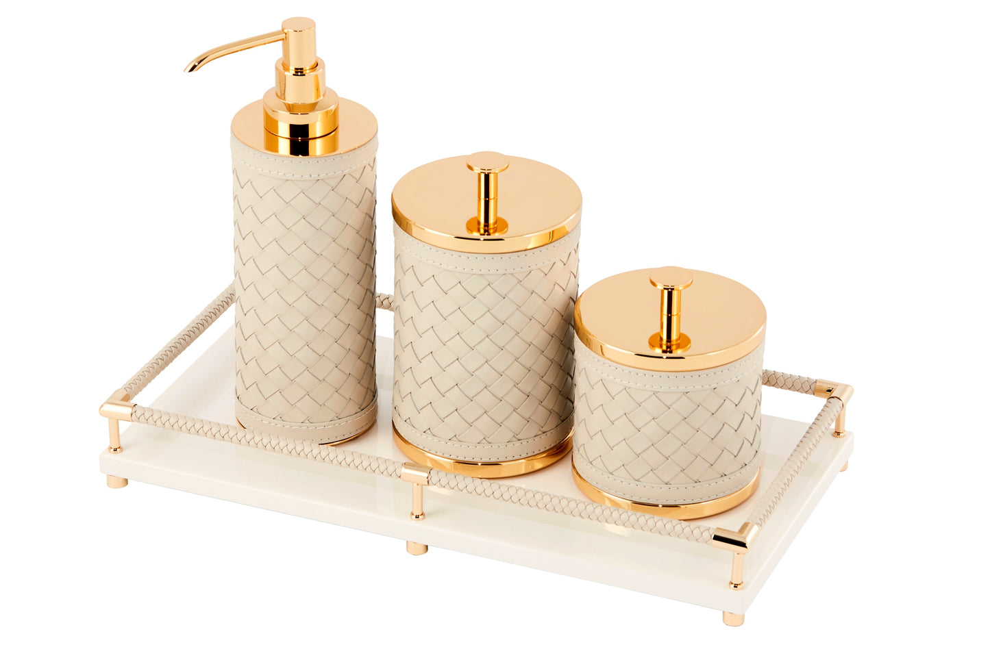 Riviere Alghero Handwoven Leather Tall Soap Dispenser | Covered with Handwoven Leather | Features Chrome or Gold Metal Finish | Elevate Your Bathroom Decor with Luxury Accessories from 2Jour Concierge, #1 luxury high-end gift & lifestyle shop