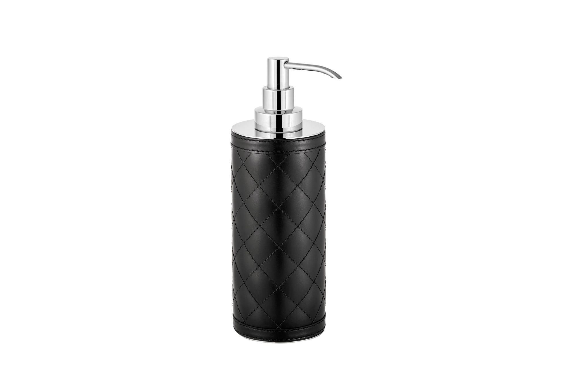 Riviere Alghero Diamonds Leather Tall Soap Dispenser | Covered with Quilted Diamonds Padded Leather | Features Chrome or Gold Metal Finish | Elevates Bathroom Decor with Luxurious Style