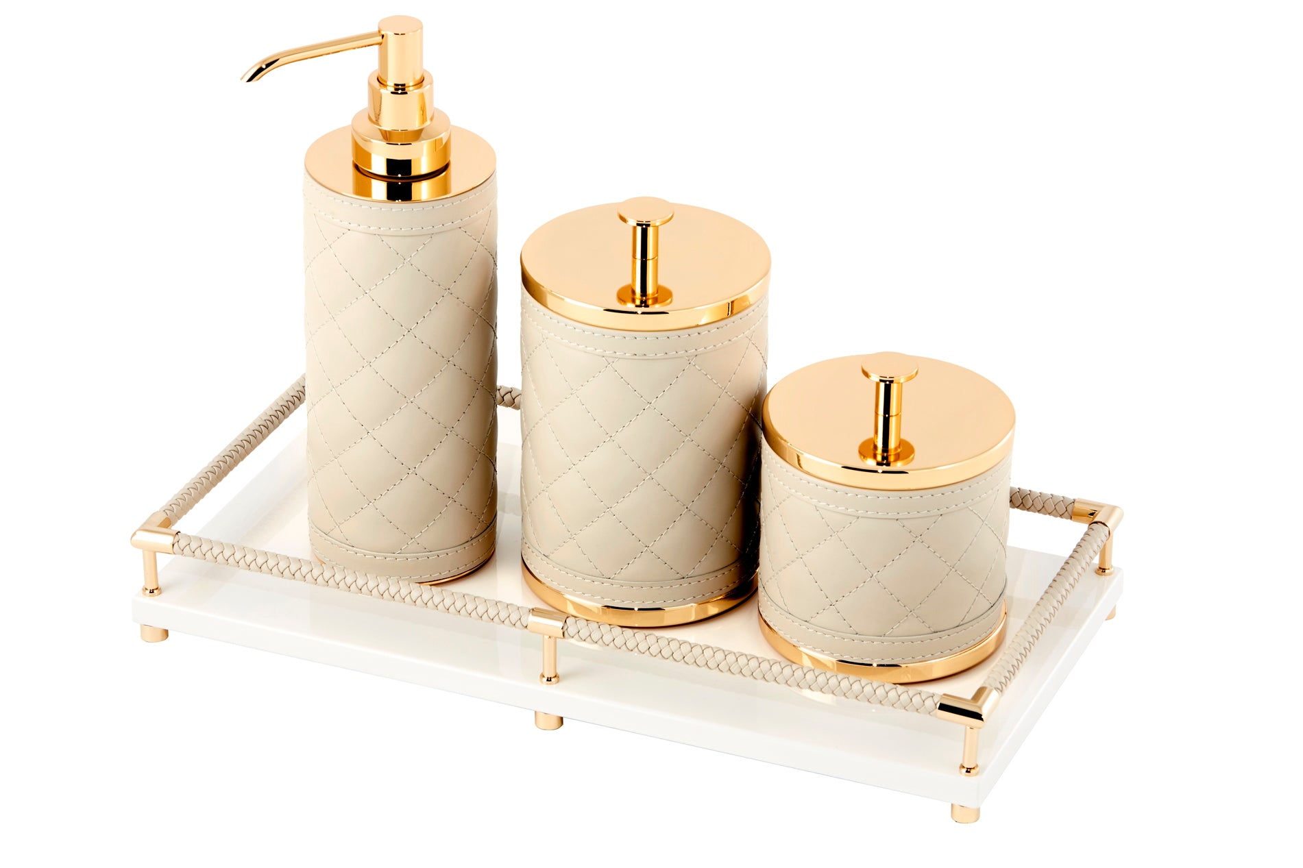 Riviere Alghero Diamonds Leather Tall Soap Dispenser | Covered with Quilted Diamonds Padded Leather | Features Chrome or Gold Metal Finish | Elevates Bathroom Decor with Luxurious Style