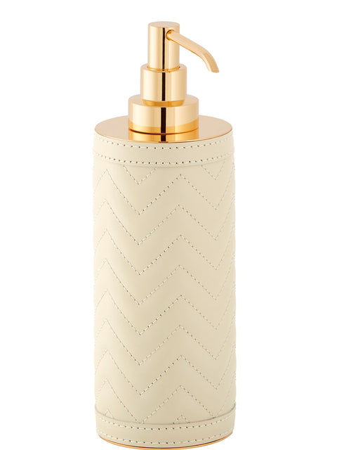 Riviere Alghero Quilted Herringbone Leather Tall Soap Dispenser | Covered with Quilted Herringbone Padded Leather | Features Chrome or Gold Metal Finish | Adds Sophistication to Bathrooms