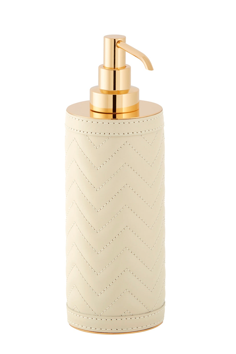 Riviere Alghero Quilted Herringbone Leather Tall Soap Dispenser | Covered with Quilted Herringbone Padded Leather | Features Chrome or Gold Metal Finish | Adds Sophistication to Bathrooms