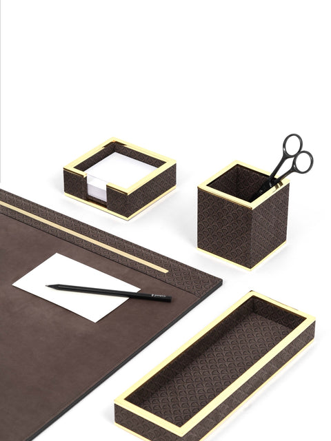 Pinetti | Larry Nubuck Rigid Desk Pad: Nubuck desk pad with digital fan-pattern print and brass border in chrome or shiny gold | Desk Accessories | 2Jour Concierge, your luxury lifestyle shop | luxury desk pad, Pinetti Larry, nubuck desk mat, brass border desk pad, Italian luxury desk accessories, designer desk set, nubuck leather desk pad
