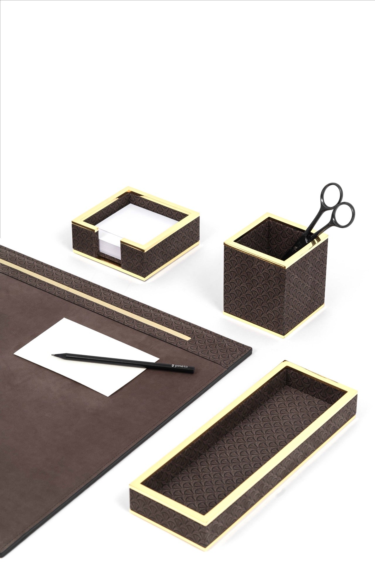 Pinetti | Larry Nubuck Rigid Desk Pad: Nubuck desk pad with digital fan-pattern print and brass border in chrome or shiny gold | Desk Accessories | 2Jour Concierge, your luxury lifestyle shop | luxury desk pad, Pinetti Larry, nubuck desk mat, brass border desk pad, Italian luxury desk accessories, designer desk set, nubuck leather desk pad