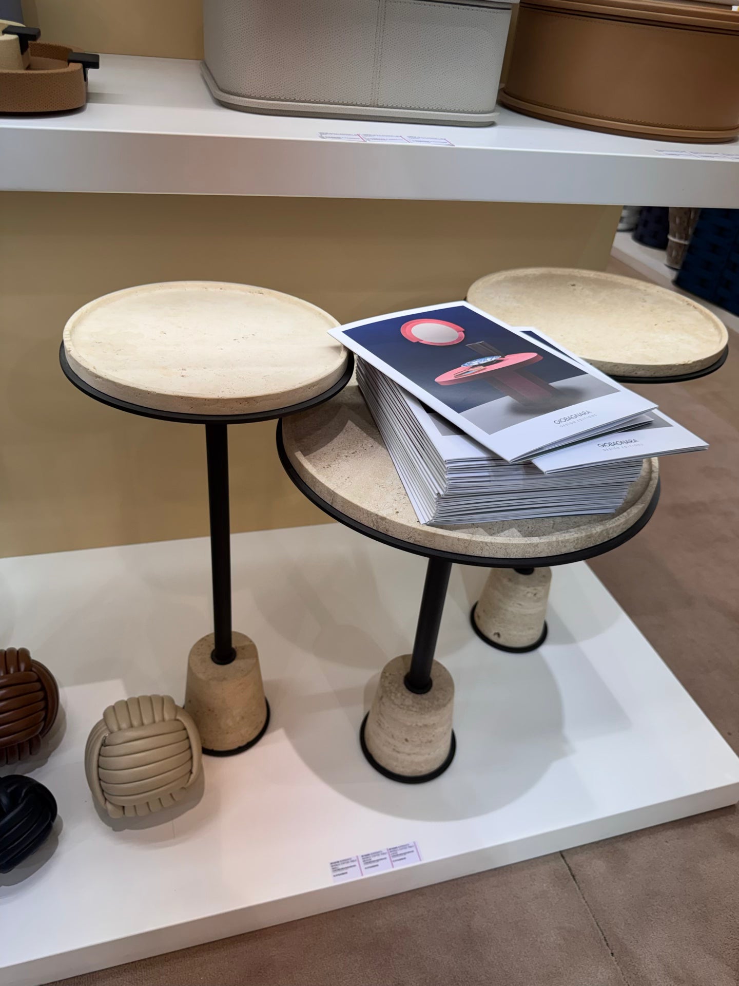 Giobagnara | Sorrento Marble Coffee Table: Round marble top and leather base on slender metal stem with metal rings — small, medium, large | Furniture | 2Jour Concierge, your luxury lifestyle shop | luxury marble coffee table, Giobagnara Sorrento, leather base coffee table, Italian designer furniture
