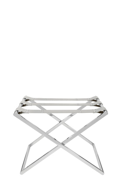 Sibari Luggage Rack by Riviere | Folding luggage rack with three leather straps. Chrome or gold metal legs with adjustable height. | Furniture and Luggage Accessories | 2Jour Concierge, your luxury lifestyle shop