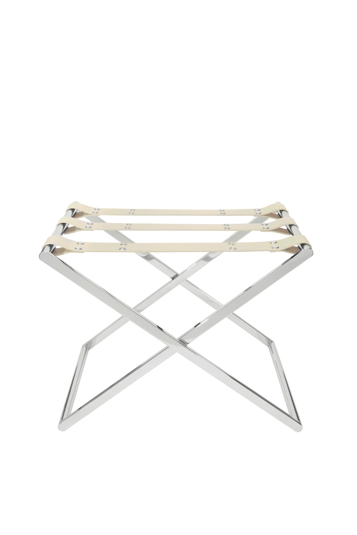 Sibari Luggage Rack by Riviere | Folding luggage rack with three leather straps. Chrome or gold metal legs with adjustable height. | Furniture and Luggage Accessories | 2Jour Concierge, your luxury lifestyle shop