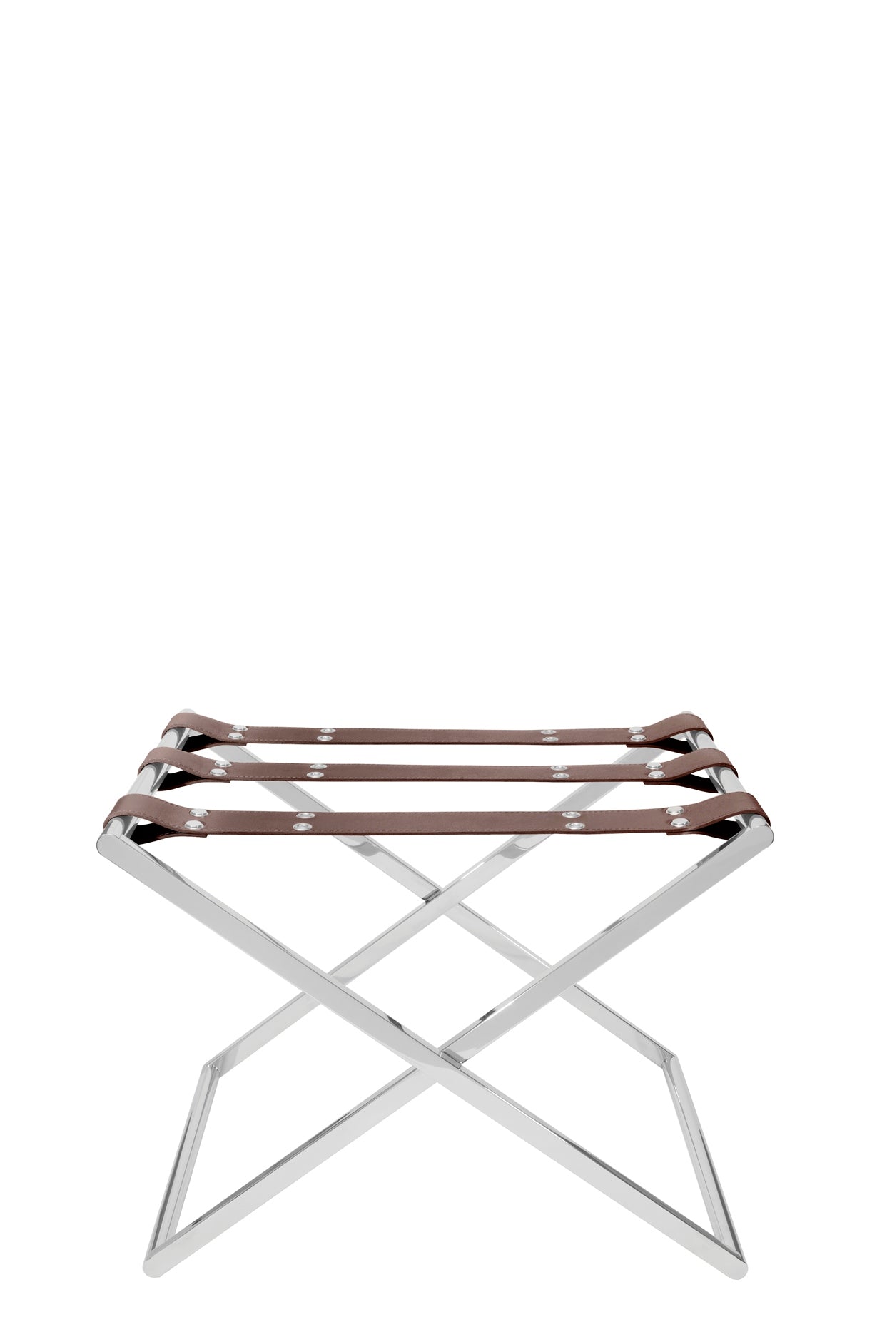 Sibari Luggage Rack by Riviere | Folding luggage rack with three leather straps. Chrome or gold metal legs with adjustable height. | Furniture and Luggage Accessories | 2Jour Concierge, your luxury lifestyle shop