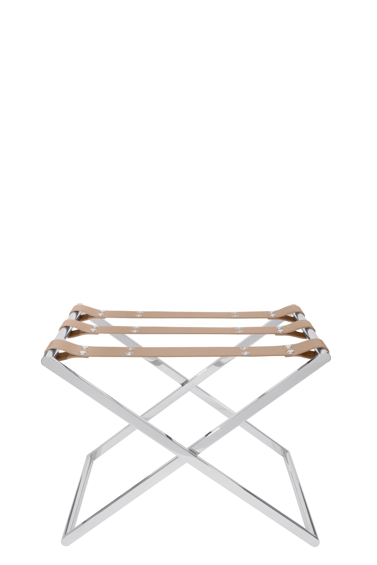 Sibari Luggage Rack by Riviere | Folding luggage rack with three leather straps. Chrome or gold metal legs with adjustable height. | Furniture and Luggage Accessories | 2Jour Concierge, your luxury lifestyle shop