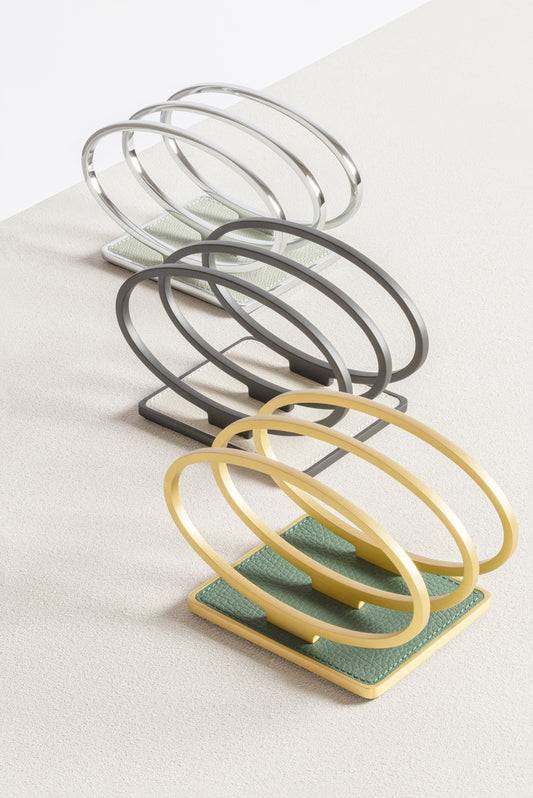 Wire Napkin Holder by Giobagnara | Metal structure with a fine leather insert, available in three finishes | Home Decor and Table Accessories | 2Jour Concierge, your luxury lifestyle shop