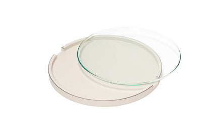 Giobagnara Gourmet Serving Tray | Leather-covered wood structure with a removable clear glass inner plate | Round shape | Elegant and functional design | Home Decor and Serveware | 2Jour Concierge, your luxury lifestyle shop