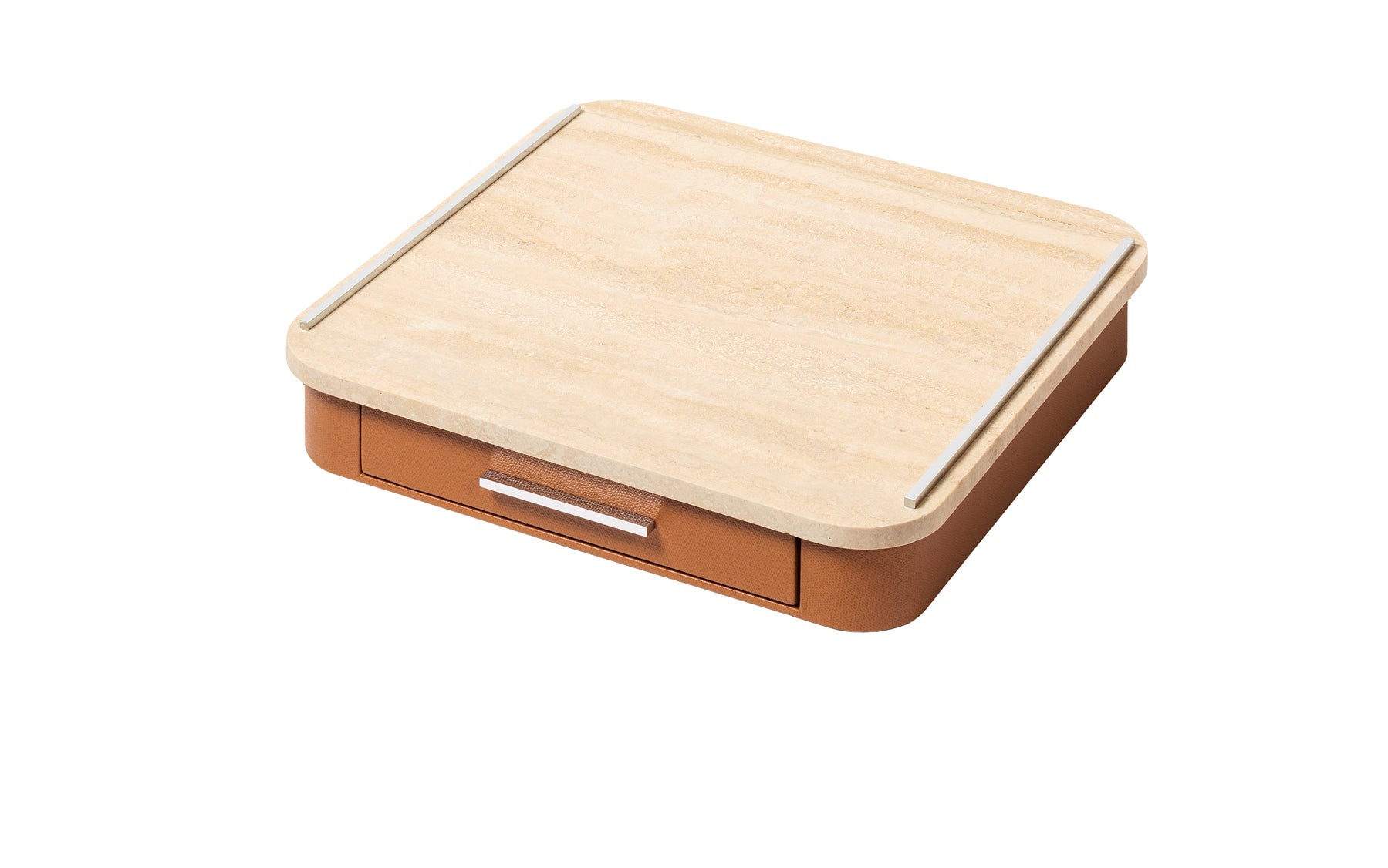 Giobagnara Saint-Germain coffee and tea drawer organizer – marble | Elegant drawer organizer for Nespresso classic capsules and tea bags | Leather-covered wood structure with metal inserts in three finishes | Top in luxurious marble, available in classic travertine or arabescato white | Inner walnut wood partitions hold coffee spoons, sugar, 10 capsules, and tea bags | Custom sizes available on request | Coffee accessories | 2Jour Concierge, your luxury lifestyle shop