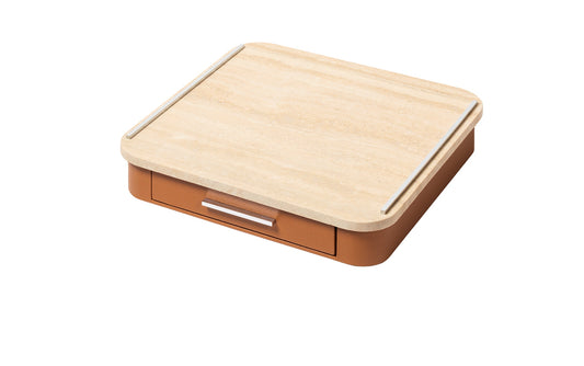 Giobagnara Saint-Germain coffee and tea drawer organizer – marble | Elegant drawer organizer for Nespresso classic capsules and tea bags | Leather-covered wood structure with metal inserts in three finishes | Top in luxurious marble, available in classic travertine or arabescato white | Inner walnut wood partitions hold coffee spoons, sugar, 10 capsules, and tea bags | Custom sizes available on request | Coffee accessories | 2Jour Concierge, your luxury lifestyle shop