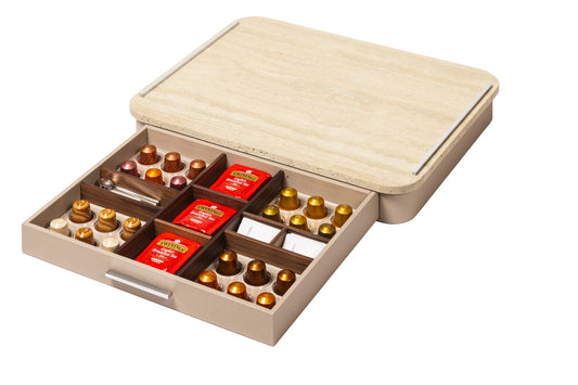 Pigment France by Giobagnara Saint-Germain Deluxe Coffee and Tea Drawer Organizer for Classic Capsules | Leather-covered wood structure with metal inserts available in chrome, bronze, or brass finishes | Features inner walnut wood partitions to host coffee spoons, sugar, 24 Nespresso classic capsules, and tea bags | Kitchen Accessories | 2Jour Concierge, your luxury lifestyle shop
