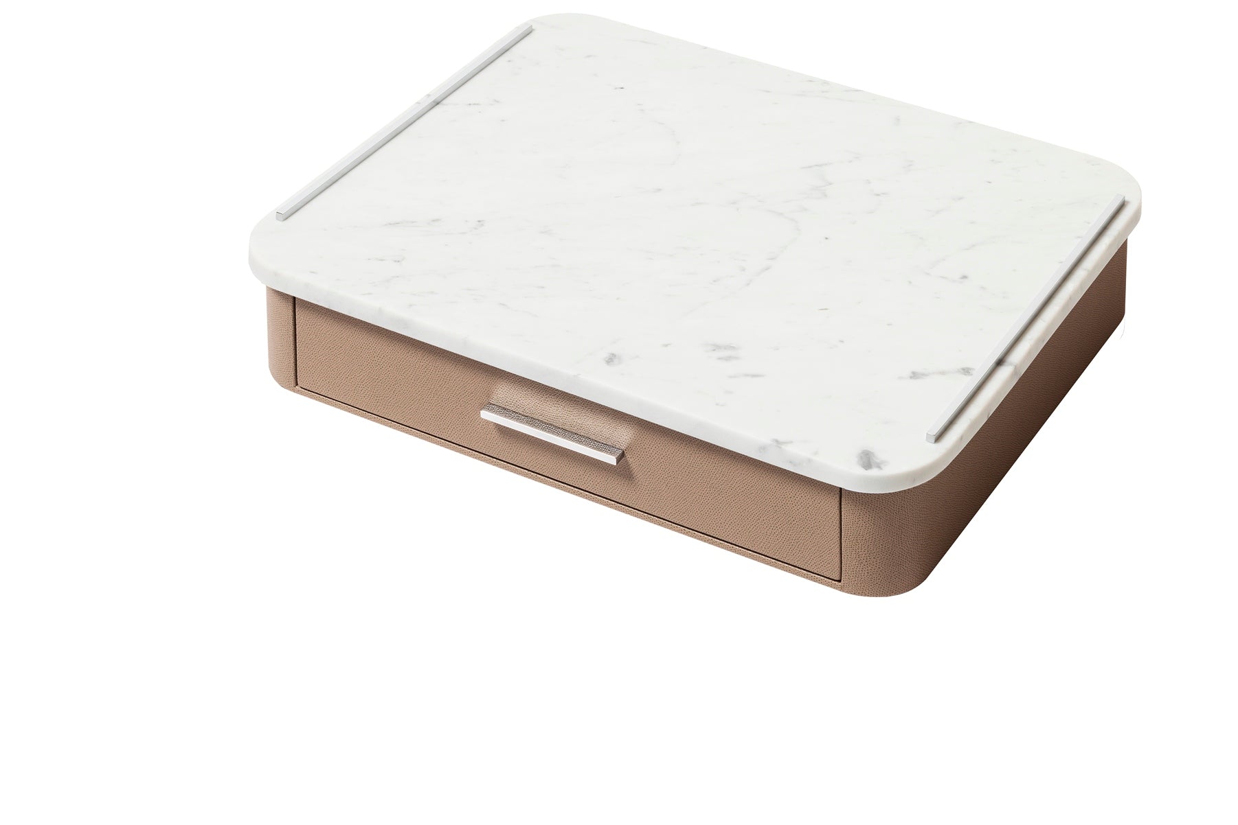 Giobagnara Saint-Germain deluxe coffee and tea drawer organizer + cups | Luxurious organizer for Nespresso classic capsules and tea service | Leather-covered wood structure with metal inserts in three finishes | Top customizable in leather, Corian®, or marble (classic travertine or arabescato white) | Inner walnut wood partitions hold coffee spoons, sugar, 24 capsules, 6 double-wall borosilicate glass cups, and 6 nesting rectangular saucers (all included) | Option to replace glass cups with sieger porcelain