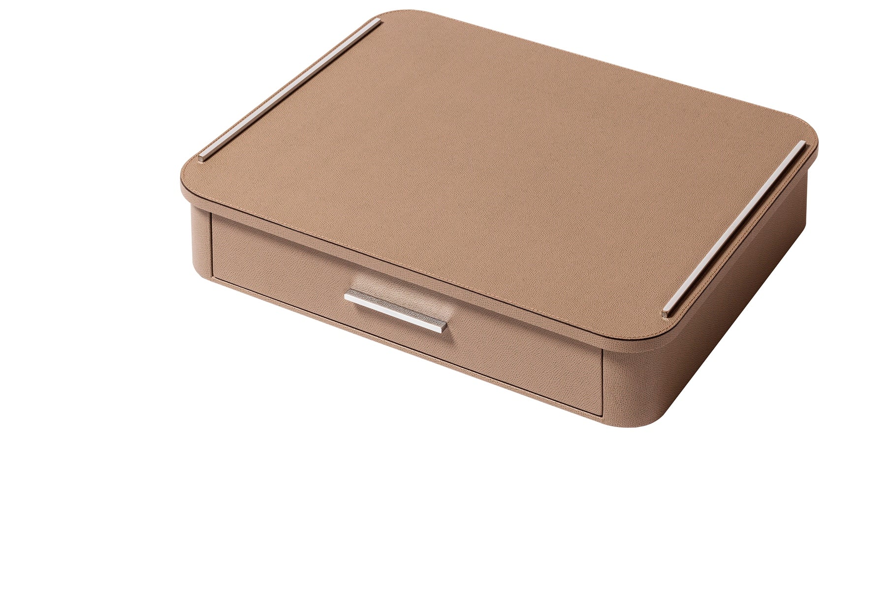 Giobagnara Saint-Germain deluxe coffee and tea drawer organizer + cups | Luxurious organizer for Nespresso classic capsules and tea service | Leather-covered wood structure with metal inserts in three finishes | Top customizable in leather, Corian®, or marble (classic travertine or arabescato white) | Inner walnut wood partitions hold coffee spoons, sugar, 24 capsules, 6 double-wall borosilicate glass cups, and 6 nesting rectangular saucers (all included) | Option to replace glass cups with sieger porcelain