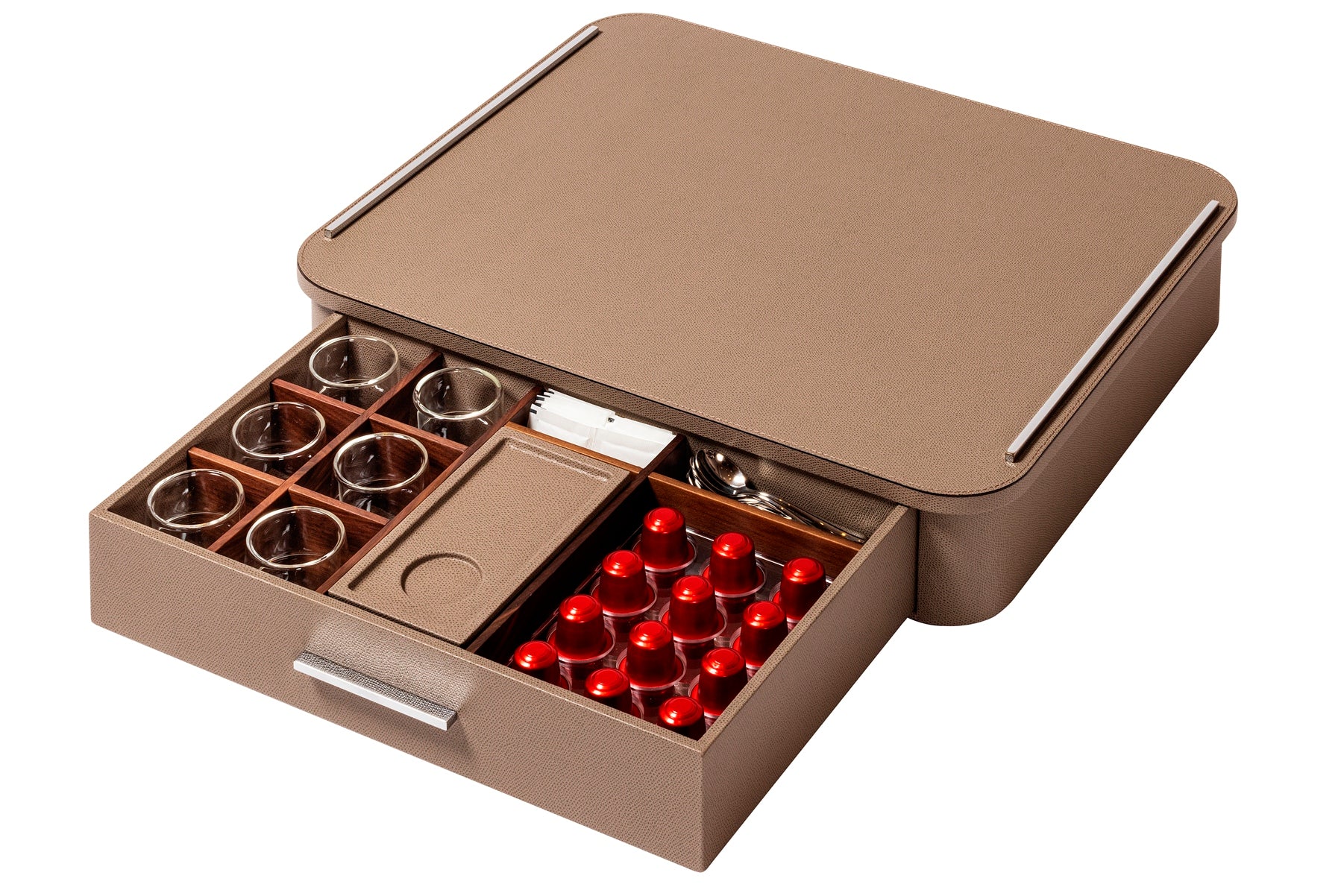 Giobagnara Saint-Germain deluxe coffee and tea drawer organizer + cups | Luxurious organizer for Nespresso classic capsules and tea service | Leather-covered wood structure with metal inserts in three finishes | Top customizable in leather, Corian®, or marble (classic travertine or arabescato white) | Inner walnut wood partitions hold coffee spoons, sugar, 24 capsules, 6 double-wall borosilicate glass cups, and 6 nesting rectangular saucers (all included) | Option to replace glass cups with sieger porcelain
