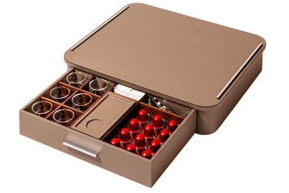 Giobagnara Saint-Germain deluxe coffee and tea drawer organizer + cups | Luxurious organizer for Nespresso classic capsules and tea service | Leather-covered wood structure with metal inserts in three finishes | Top customizable in leather, Corian®, or marble (classic travertine or arabescato white) | Inner walnut wood partitions hold coffee spoons, sugar, 24 capsules, 6 double-wall borosilicate glass cups, and 6 nesting rectangular saucers (all included) | Option to replace glass cups with sieger porcelain