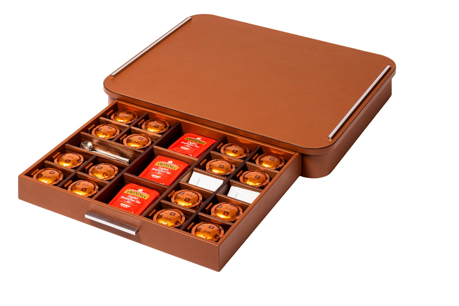 Pigment France by Giobagnara Saint-Germain Deluxe Coffee and Tea Drawer Organizer for Professional Capsules | Leather-covered wood structure with metal inserts available in chrome, bronze, or brass finishes | Features inner walnut wood partitions to host coffee spoons, sugar, 48 Nespresso professional capsules, and tea bags | Kitchen Accessories | 2Jour Concierge, your luxury lifestyle shop