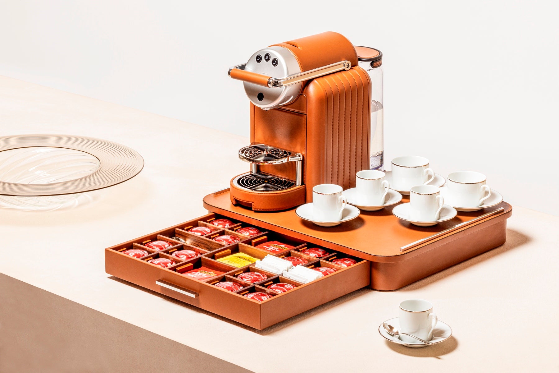 Pigment France by Giobagnara Saint-Germain Deluxe Coffee and Tea Drawer Organizer for Professional Capsules | Leather-covered wood structure with metal inserts available in chrome, bronze, or brass finishes | Features inner walnut wood partitions to host coffee spoons, sugar, 48 Nespresso professional capsules, and tea bags | Kitchen Accessories | 2Jour Concierge, your luxury lifestyle shop