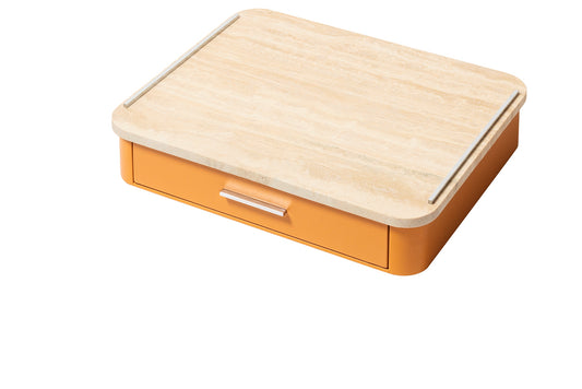 Giobagnara Saint-Germain deluxe coffee and tea drawer organizer + cups for professional capsules | Premium organizer for Nespresso professional capsules and full beverage service | Leather-covered wood structure with metal inserts in three finishes | Top customizable in leather, Corian®, or marble (classic travertine or arabescato white) | Inner walnut wood partitions hold coffee spoons, sugar, 30 capsules, 6 double-wall borosilicate glass cups, and 6 nesting rectangular saucers (all included) | Glass cups 