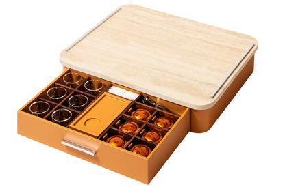 Giobagnara Saint-Germain deluxe coffee and tea drawer organizer + cups for professional capsules | Premium organizer for Nespresso professional capsules and full beverage service | Leather-covered wood structure with metal inserts in three finishes | Top customizable in leather, Corian®, or marble (classic travertine or arabescato white) | Inner walnut wood partitions hold coffee spoons, sugar, 30 capsules, 6 double-wall borosilicate glass cups, and 6 nesting rectangular saucers (all included) | Glass cups 