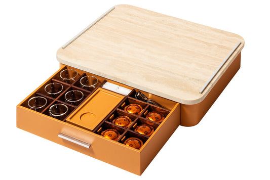 Giobagnara Saint-Germain deluxe coffee and tea drawer organizer + cups for professional capsules | Premium organizer for Nespresso professional capsules and full beverage service | Leather-covered wood structure with metal inserts in three finishes | Top customizable in leather, Corian®, or marble (classic travertine or arabescato white) | Inner walnut wood partitions hold coffee spoons, sugar, 30 capsules, 6 double-wall borosilicate glass cups, and 6 nesting rectangular saucers (all included) | Glass cups 