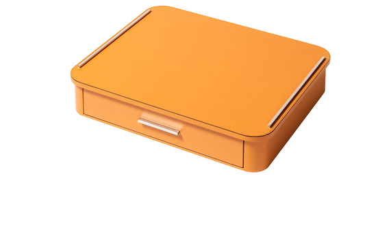 Giobagnara Saint-Germain deluxe coffee and tea drawer organizer + cups for professional capsules | Premium organizer for Nespresso professional capsules and full beverage service | Leather-covered wood structure with metal inserts in three finishes | Top customizable in leather, Corian®, or marble (classic travertine or arabescato white) | Inner walnut wood partitions hold coffee spoons, sugar, 30 capsules, 6 double-wall borosilicate glass cups, and 6 nesting rectangular saucers (all included) | Glass cups 