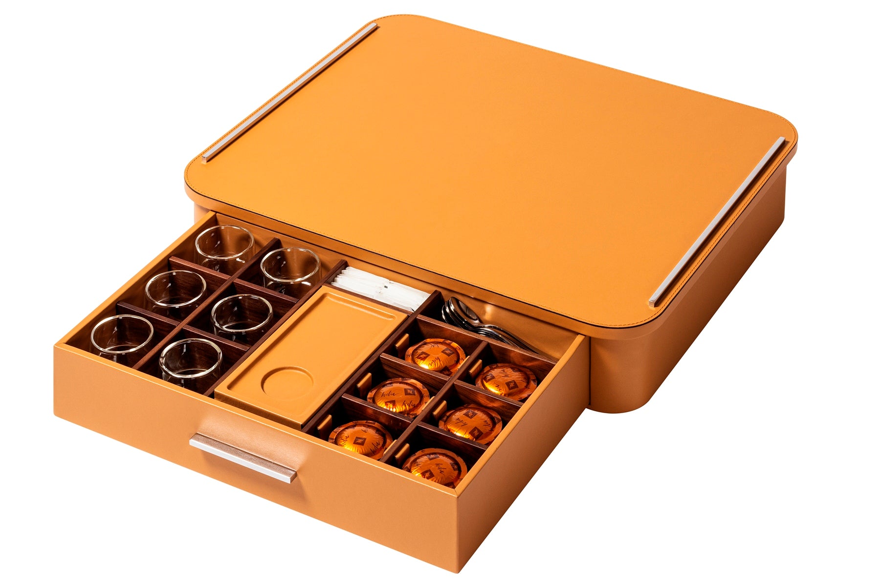 Giobagnara Saint-Germain deluxe coffee and tea drawer organizer + cups for professional capsules | Premium organizer for Nespresso professional capsules and full beverage service | Leather-covered wood structure with metal inserts in three finishes | Top customizable in leather, Corian®, or marble (classic travertine or arabescato white) | Inner walnut wood partitions hold coffee spoons, sugar, 30 capsules, 6 double-wall borosilicate glass cups, and 6 nesting rectangular saucers (all included) | Glass cups 