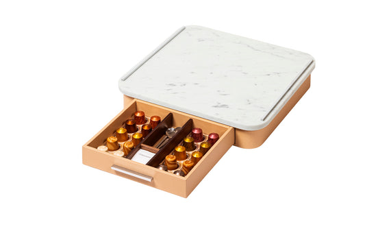 Saint-Germain Leather-Covered Wood Coffee Drawer Organizer Box with Marble Top
