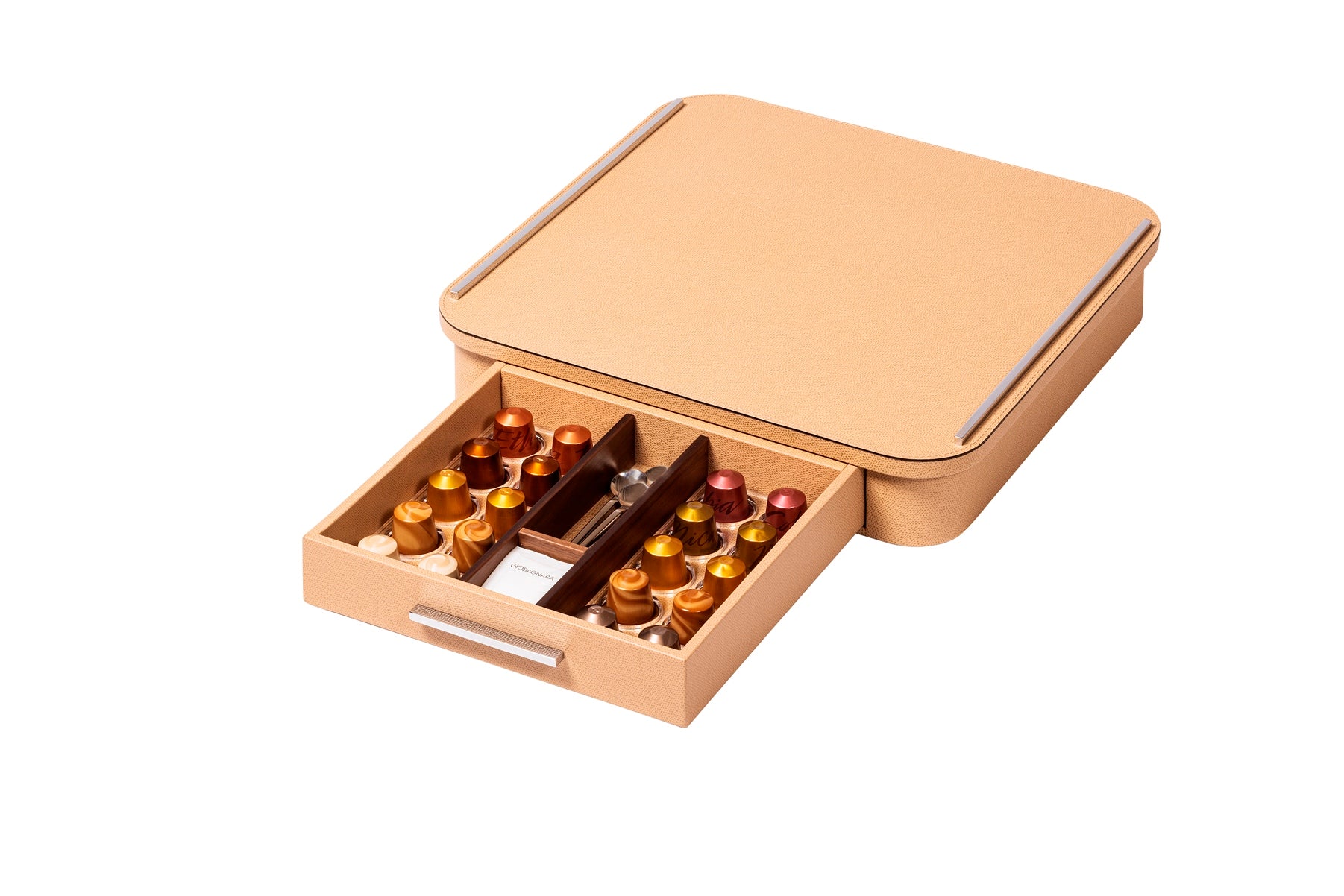 Pigment France by Giobagnara Saint-Germain Coffee Drawer Organizer for Classic Capsules | Leather-covered wood structure with metal inserts available in chrome, bronze, or brass finishes | Features inner walnut wood partitions to host coffee spoons, sugar, and 20 Nespresso classic capsules | Kitchen Accessories | 2Jour Concierge, your luxury lifestyle shop