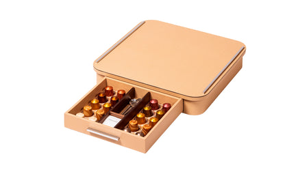 Pigment France by Giobagnara Saint-Germain Coffee Drawer Organizer for Classic Capsules | Leather-covered wood structure with metal inserts available in chrome, bronze, or brass finishes | Features inner walnut wood partitions to host coffee spoons, sugar, and 20 Nespresso classic capsules | Kitchen Accessories | 2Jour Concierge, your luxury lifestyle shop