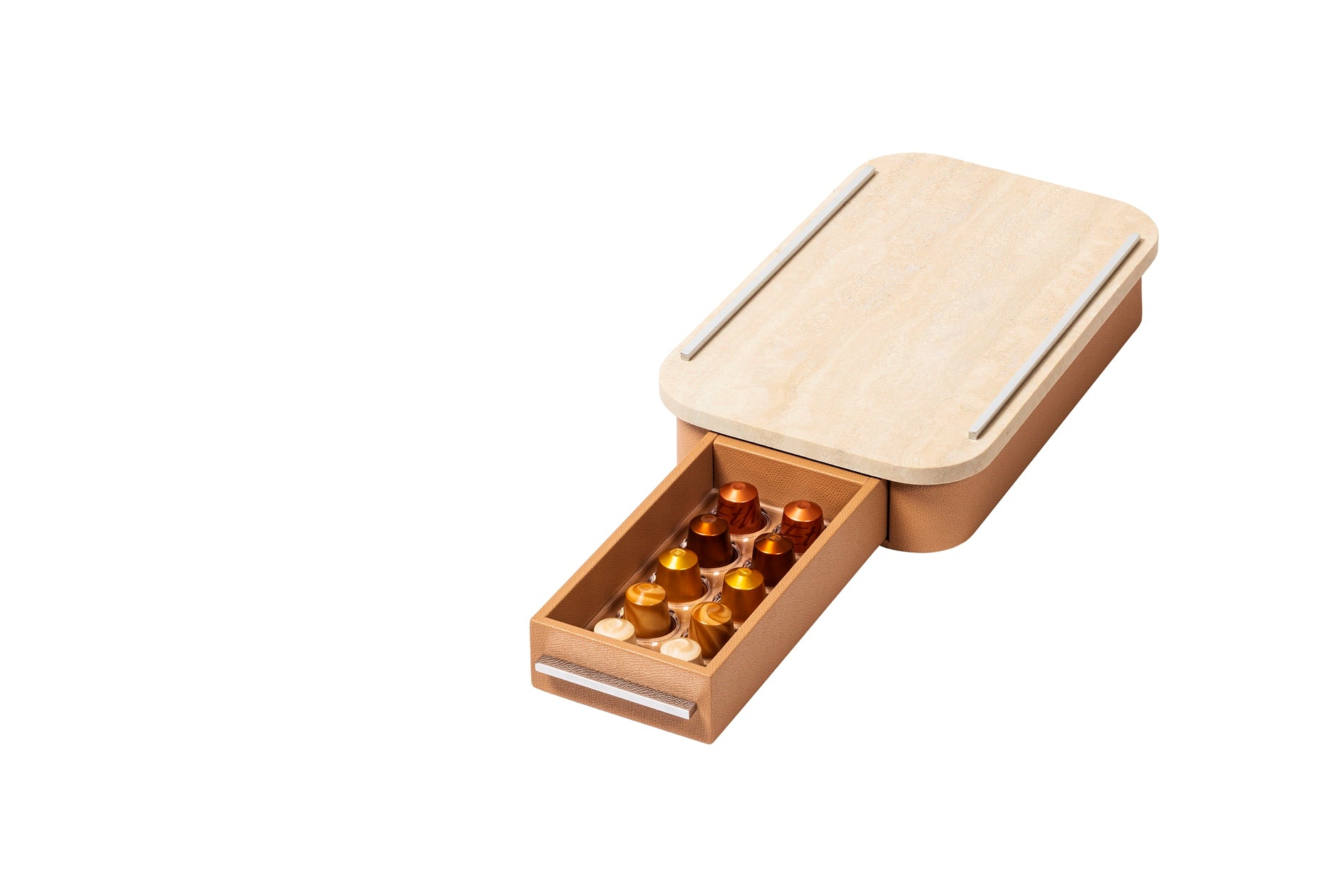 Giobagnara Saint-Germain coffee drawer organizer – marble | Compact organizer for Nespresso classic capsules | Leather-covered wood structure with metal inserts in three finishes | Top in marble, available in classic travertine or arabescato white | Inner walnut wood partitions hold 10 capsules | Custom sizes available on request | Coffee accessories | 2Jour Concierge, your luxury lifestyle shop