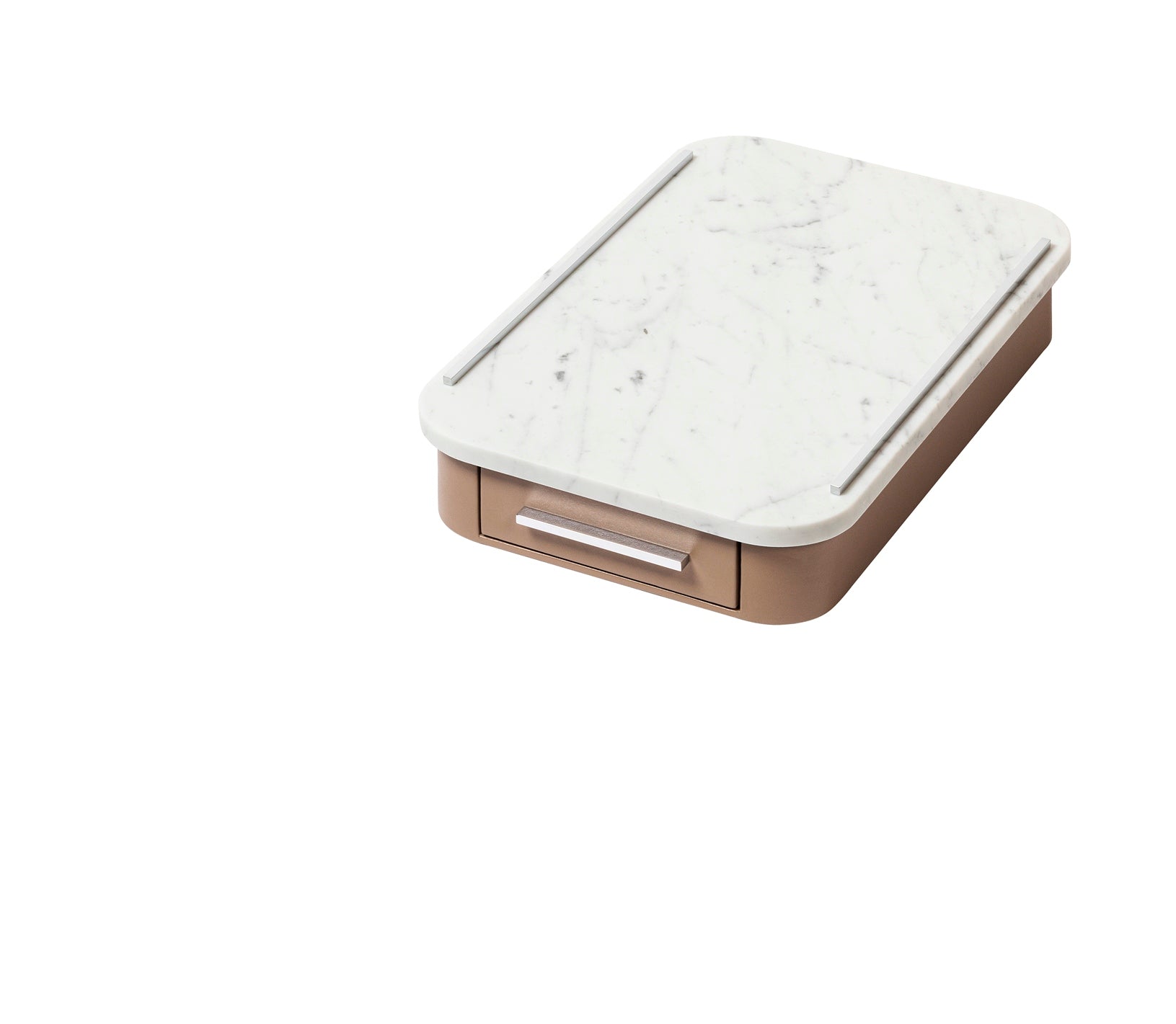 Giobagnara Saint-Germain coffee drawer organizer – marble | Compact organizer for Nespresso professional capsules | Leather-covered wood structure with metal inserts in three finishes | Top in marble, available in classic travertine or arabescato white | Inner walnut wood partitions hold 30 capsules | Custom sizes available on request | Coffee accessories | 2Jour Concierge, your luxury lifestyle shop