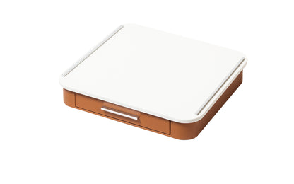 Giobagnara Saint-Germain coffee and tea drawer organizer – corian | Elegant drawer organizer for Nespresso classic capsules and tea bags | Leather-covered wood structure with metal inserts in three finishes | Top in refined Corian® for a sleek, contemporary look | Inner walnut wood partitions hold coffee spoons, sugar, 10 capsules, and tea bags | Custom sizes available on request | Coffee accessories | 2Jour Concierge, your luxury lifestyle shop