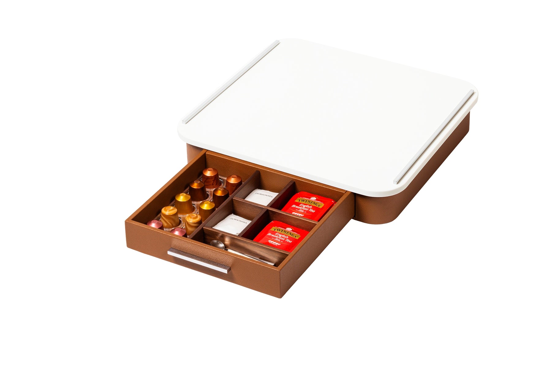 Giobagnara Saint-Germain coffee and tea drawer organizer – corian | Elegant drawer organizer for Nespresso classic capsules and tea bags | Leather-covered wood structure with metal inserts in three finishes | Top in refined Corian® for a sleek, contemporary look | Inner walnut wood partitions hold coffee spoons, sugar, 10 capsules, and tea bags | Custom sizes available on request | Coffee accessories | 2Jour Concierge, your luxury lifestyle shop