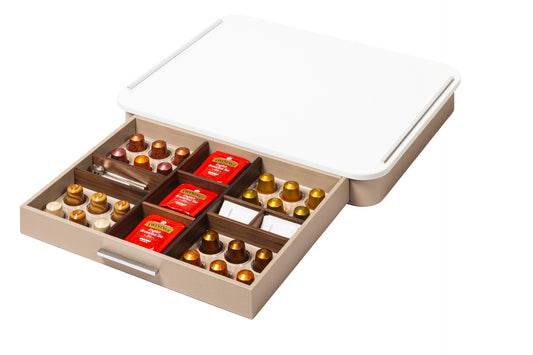 Saint-Germain Deluxe Leather-Covered Wood Coffee and Tea Drawer Organizer Box with Corian® Top