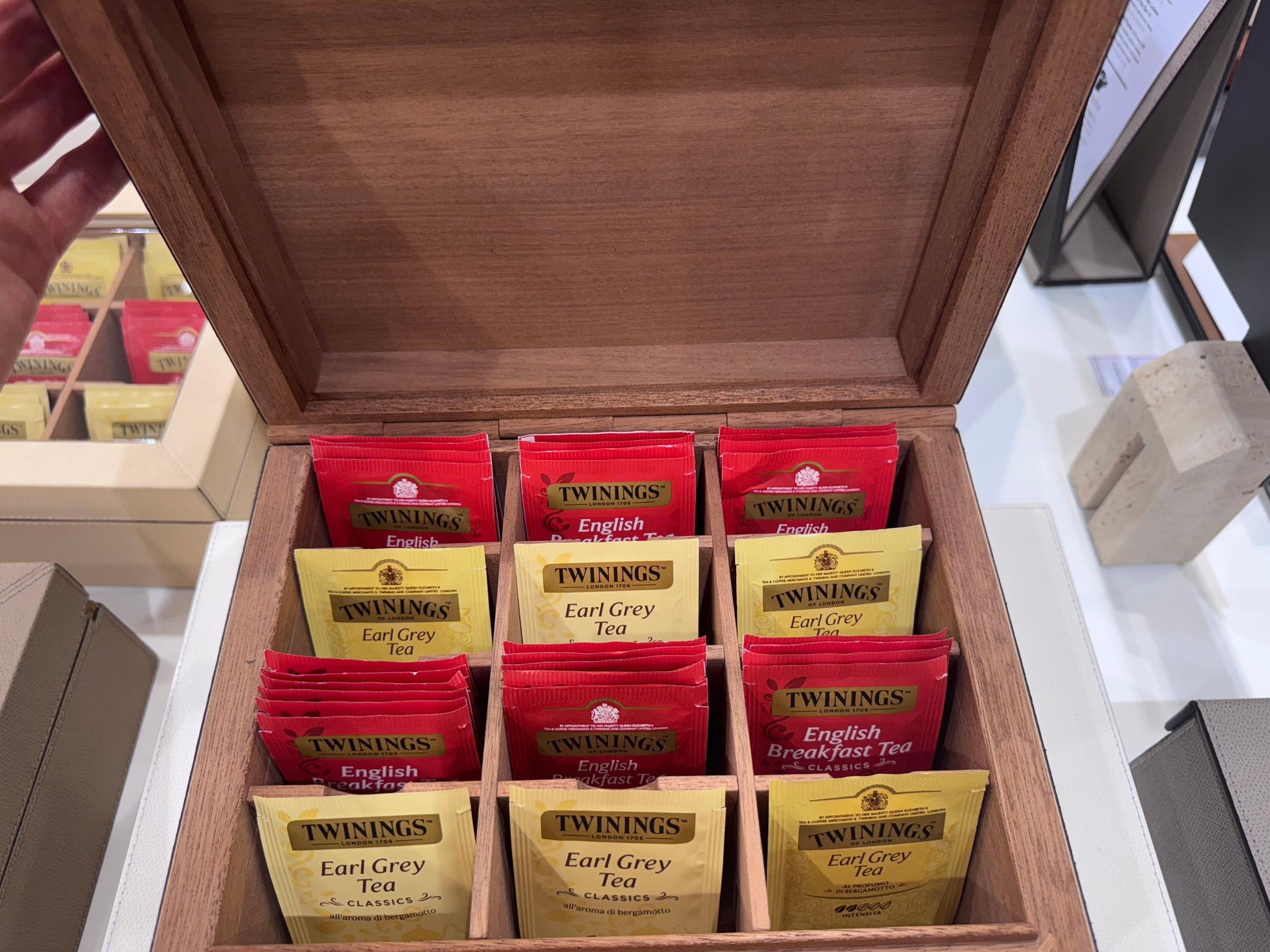 Giobagnara | Tea Box: Leather-covered aged cedar structure with removable 12-compartment divider | Serveware + Hospitality / Coffee & Tea Organizers | 2Jour Concierge, your luxury lifestyle shop | refined interiors, elegant service accessories, luxury suites, tea rooms, and hospitality spaces