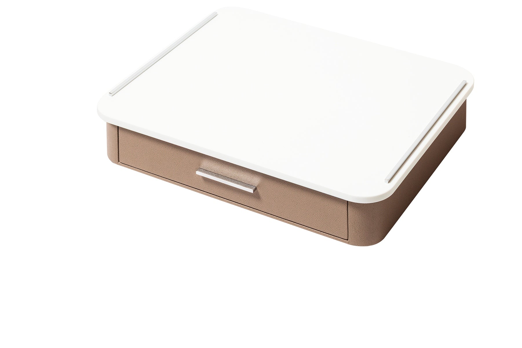 Giobagnara Saint-Germain deluxe coffee and tea drawer organizer + cups | Luxurious organizer for Nespresso classic capsules and tea service | Leather-covered wood structure with metal inserts in three finishes | Top customizable in leather, Corian®, or marble (classic travertine or arabescato white) | Inner walnut wood partitions hold coffee spoons, sugar, 24 capsules, 6 double-wall borosilicate glass cups, and 6 nesting rectangular saucers (all included) | Option to replace glass cups with sieger porcelain