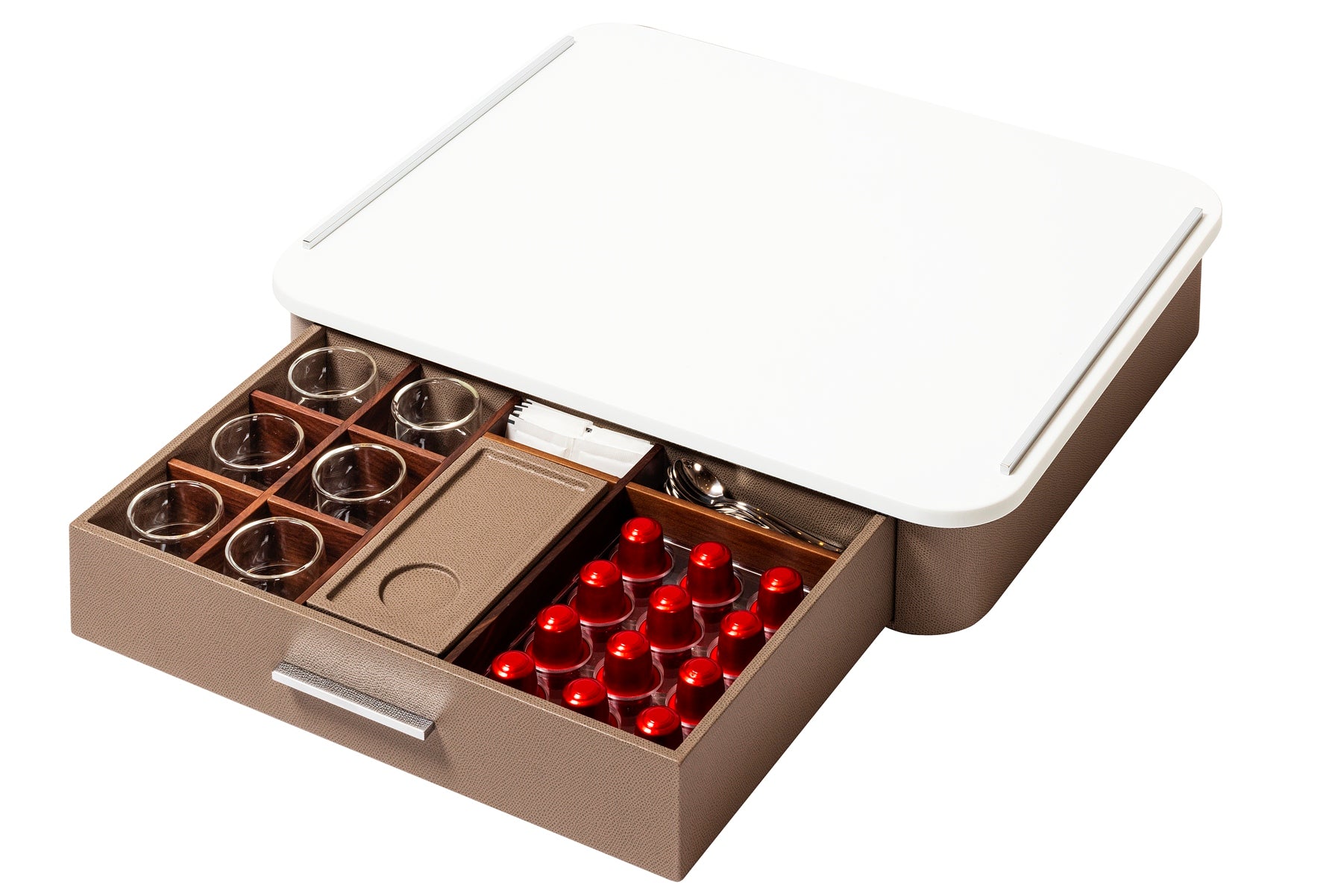 Giobagnara Saint-Germain deluxe coffee and tea drawer organizer + cups | Luxurious organizer for Nespresso classic capsules and tea service | Leather-covered wood structure with metal inserts in three finishes | Top customizable in leather, Corian®, or marble (classic travertine or arabescato white) | Inner walnut wood partitions hold coffee spoons, sugar, 24 capsules, 6 double-wall borosilicate glass cups, and 6 nesting rectangular saucers (all included) | Option to replace glass cups with sieger porcelain