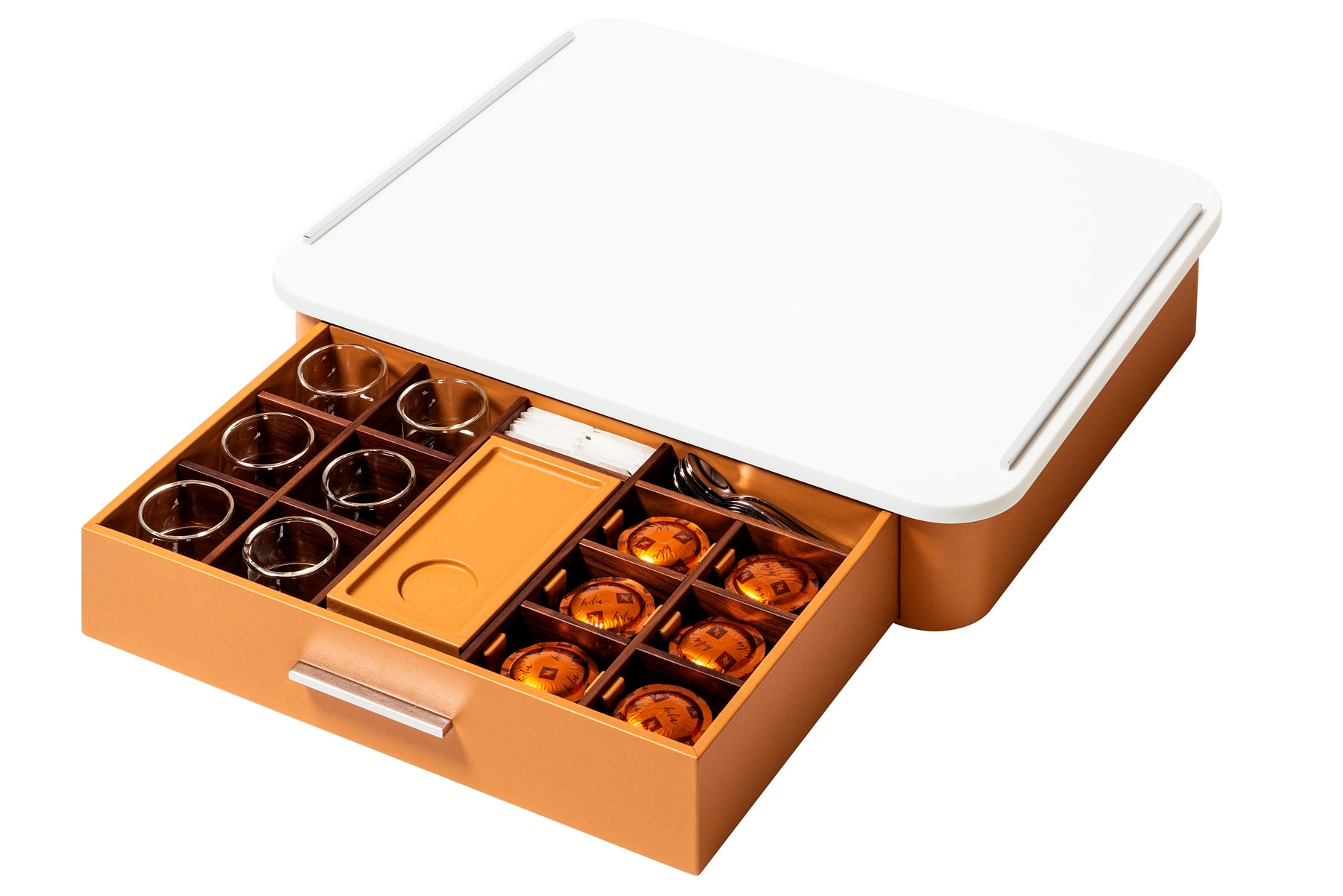 Giobagnara Saint-Germain deluxe coffee and tea drawer organizer + cups for professional capsules | Premium organizer for Nespresso professional capsules and full beverage service | Leather-covered wood structure with metal inserts in three finishes | Top customizable in leather, Corian®, or marble (classic travertine or arabescato white) | Inner walnut wood partitions hold coffee spoons, sugar, 30 capsules, 6 double-wall borosilicate glass cups, and 6 nesting rectangular saucers (all included) | Glass cups 