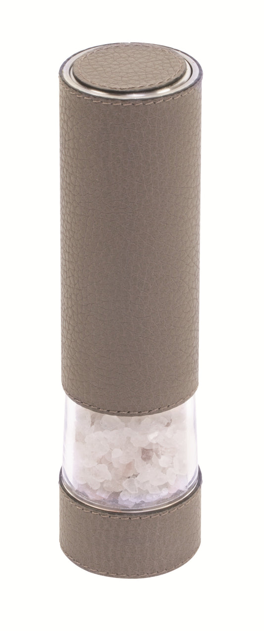 Giobagnara Otello Electric Salt Mill | Leather-covered 18/10 stainless steel and acrylic electric mill with adjustable ceramic grinding mechanism from fine to coarse, battery-operated for effortless seasoning | Serveware & Accessories / Kitchen Tools | 2Jour Concierge, your luxury lifestyle shop