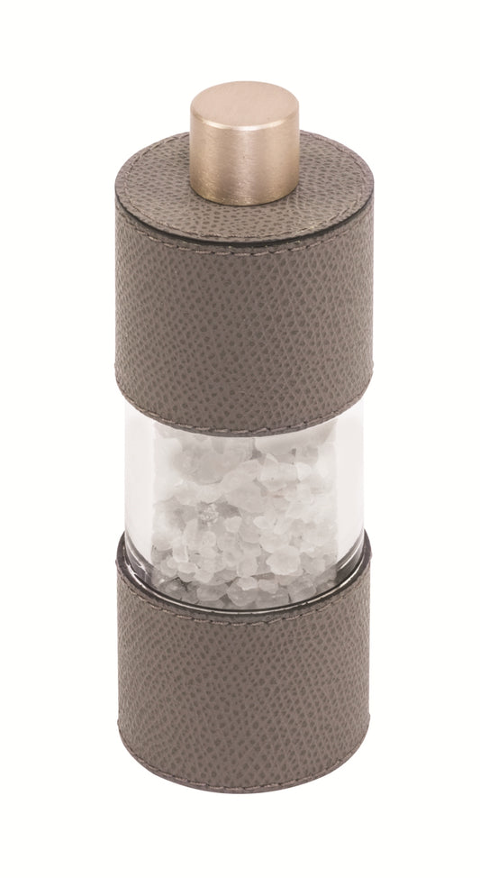 Giobagnara Otello Manual Low Salt Mill | Leather-covered stainless steel structure with a metal knob and special ceramic grinder, offering continuous adjustment from fine to coarse for precision salt grinding | Serveware & Accessories / Kitchen Tools | 2Jour Concierge, your luxury lifestyle shop